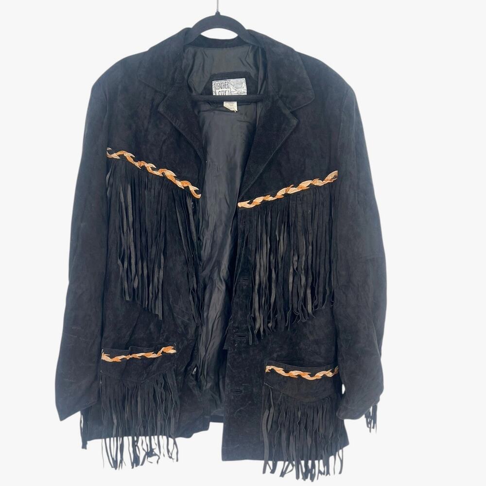 Vintage 90's Leather City Fringe XL jacket suede Western Native Boho Chic Cowboy